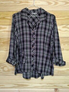Habitat Top Purple Black Plaid Button-Down 3/4 Cuff Sleeves Grunge Western Cozy